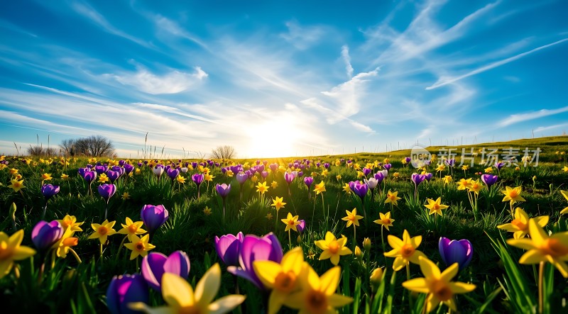 阳光下的紫色郁金香与黄色水仙花