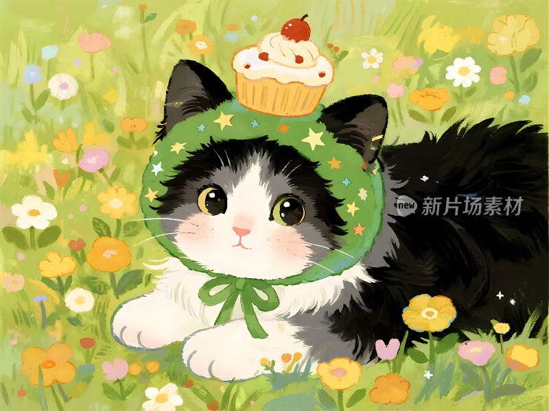 小猫戴花环吃蛋糕
