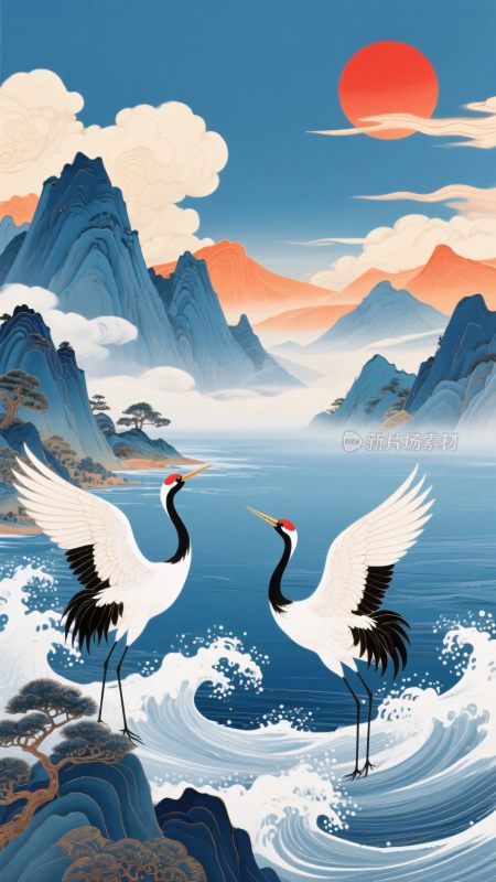 双鹤于山水间的国风图景