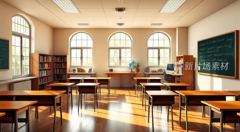 阳光洒满教室书桌整齐排列黑板上有数学公式窗户透进自然光