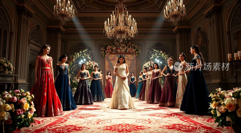 华丽舞会上的优雅新娘与伴娘们