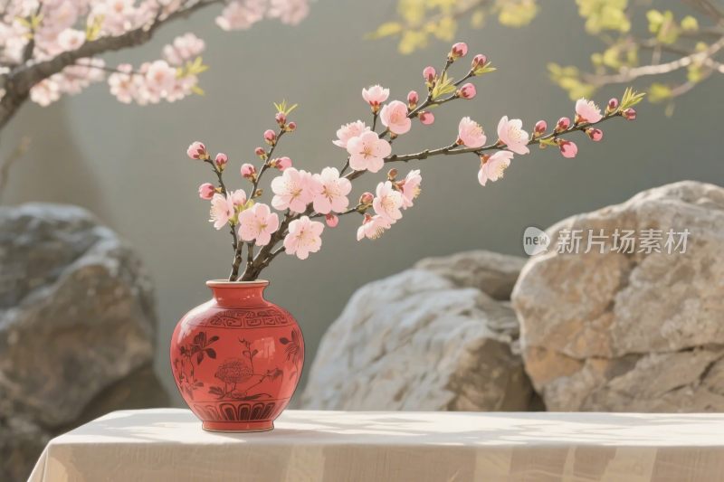 桃花插花石景静物图