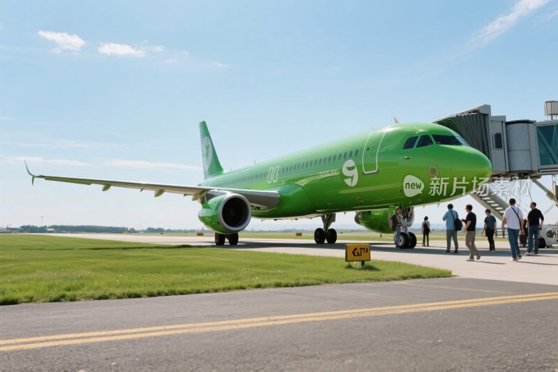 绿色客机停靠机场登机场景