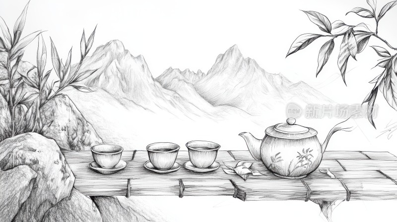 茶杯茶壶茶山茶叶茶树中国风水墨画铅笔画