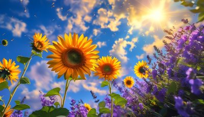 薰衣草田的金色阳光 向日葵 薰衣草田的金色阳光 向日葵