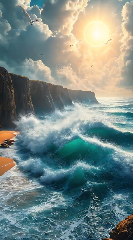 阳光下的海浪与悬崖