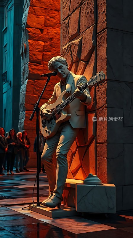 街头吉他手雕像展现音乐魅力