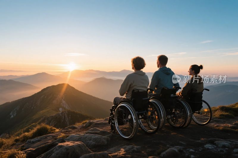 坐轮椅者共赏山间日出美景
