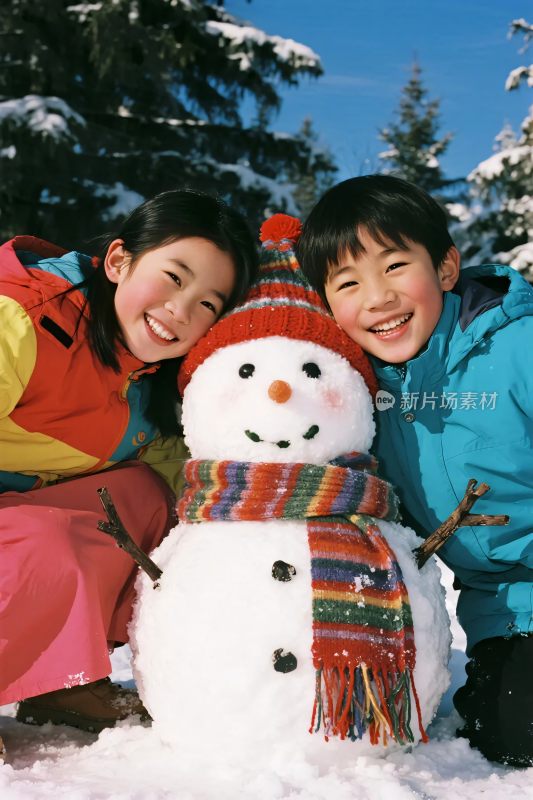 雪地雪人与小朋友