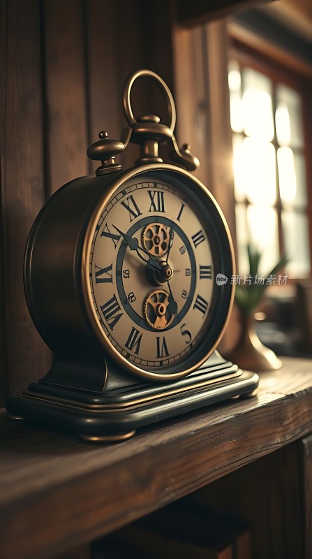 古铜色时钟静置木制窗边