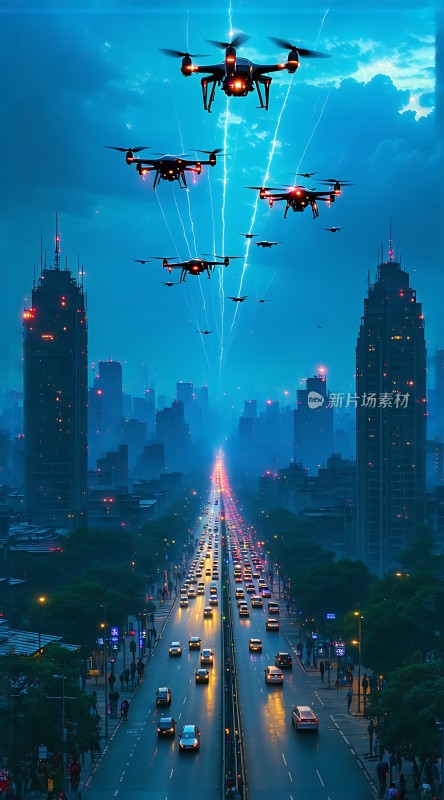 未来之城无人机与车流共舞