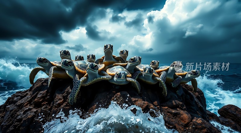 海龟群聚岩石上风暴来临前的宁静