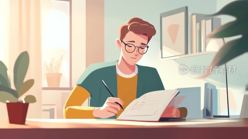 高考冲刺，努力学习的学生男孩卡通插画