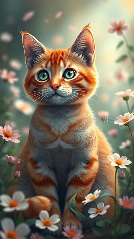 阳光下的橘猫与鲜花