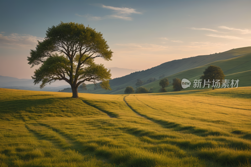 一片草地上一棵孤独的树高山清风景图片