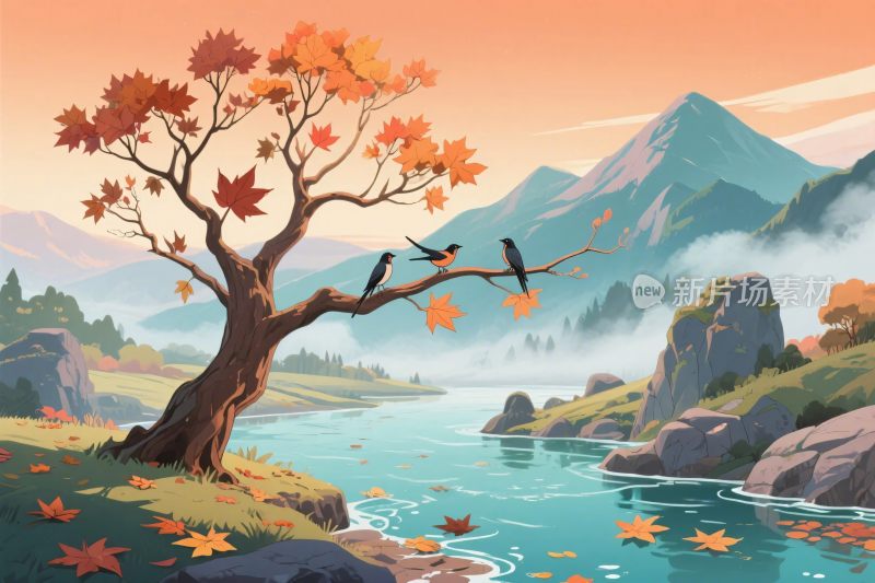 秋景山水风景插画