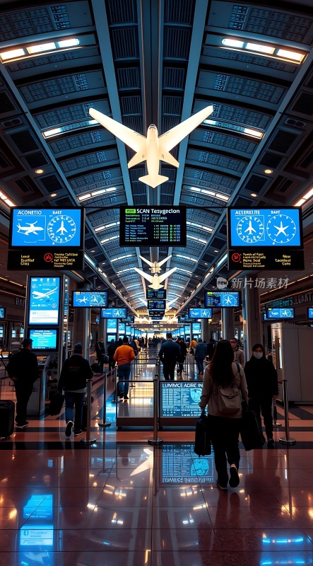 繁忙机场候机大厅旅客排队等待登机