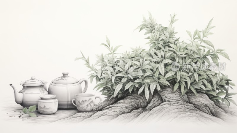 茶杯茶壶茶山茶叶茶树中国风水墨画铅笔画