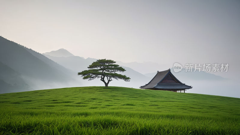 一棵孤独的树在草山上高清风景图片