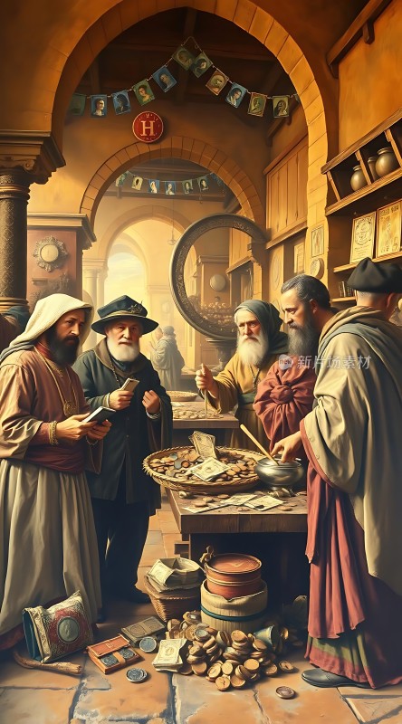 古代集市上的货币交易场景