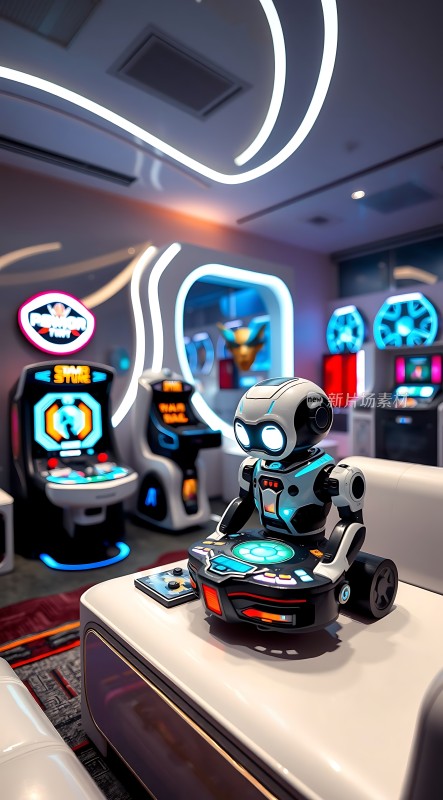 未来科技感十足的机器人与游戏机场景