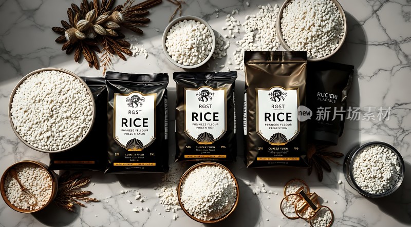 黑金包装白米展示凸显高端品质与精致设计