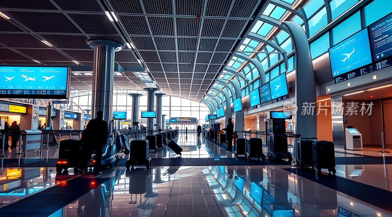机场候机大厅旅客拖着行李箱等待登机