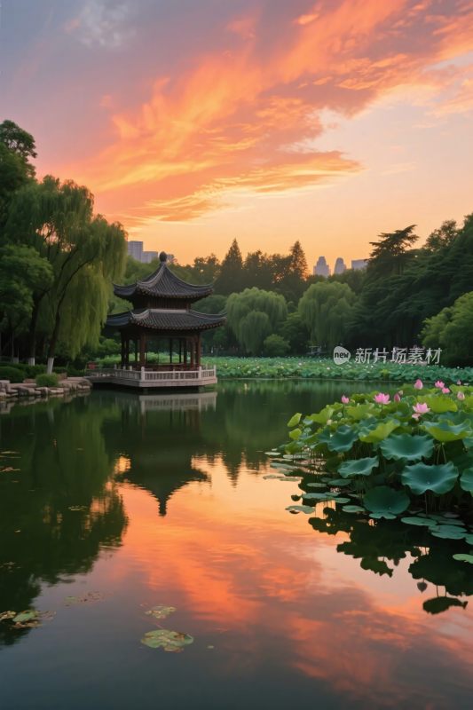 古典园林夕阳湖景图