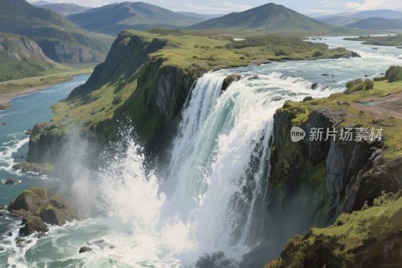 山水瀑布风景插画