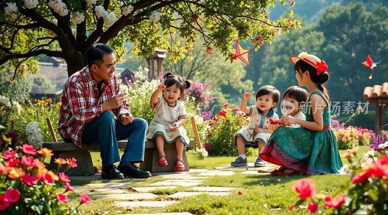 家庭欢乐时光孩子们在花园里放风筝