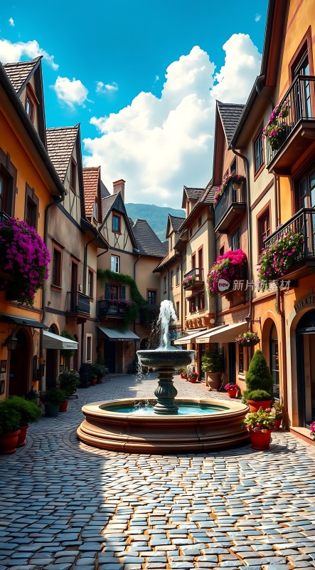 小镇风光喷泉、石板路、欧式建筑、蓝天白云