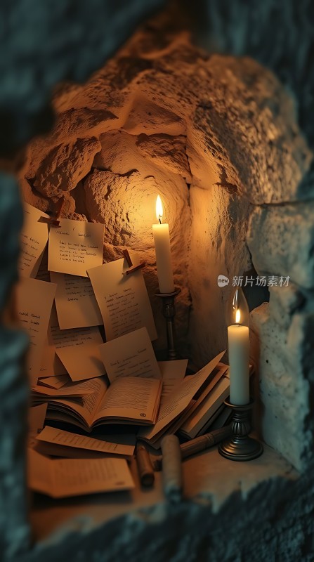 烛光下的古老文献与书籍