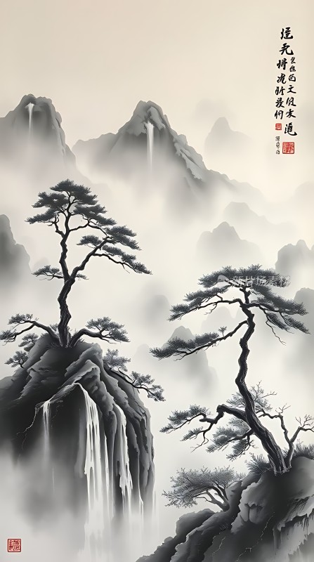 云雾缭绕的山峰与古松