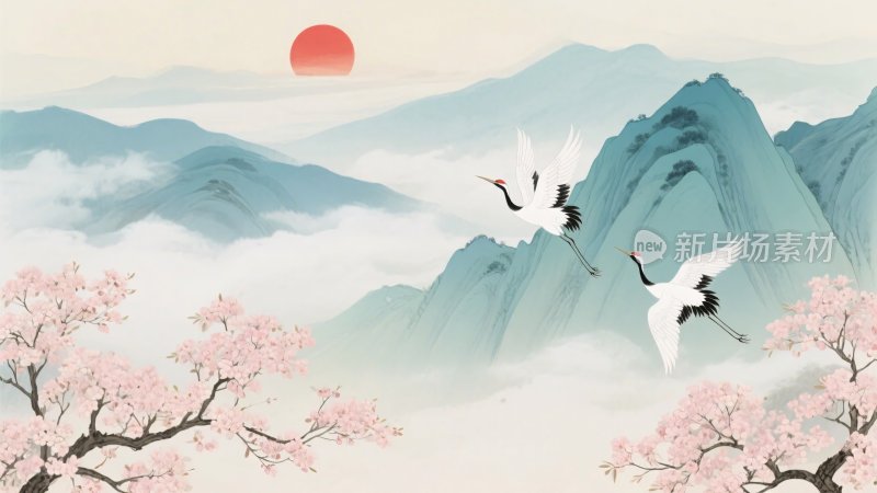 山水间双鹤伴红日美景