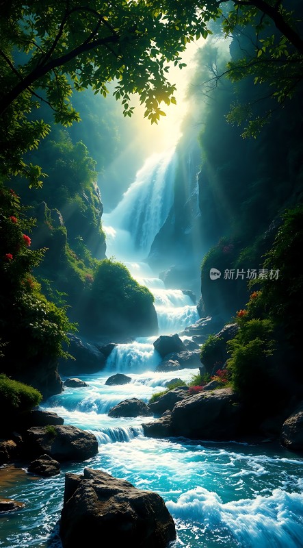 阳光下的瀑布与溪流