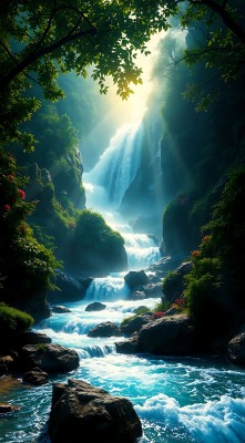 阳光下的瀑布与溪流 阳光下的瀑布与溪流