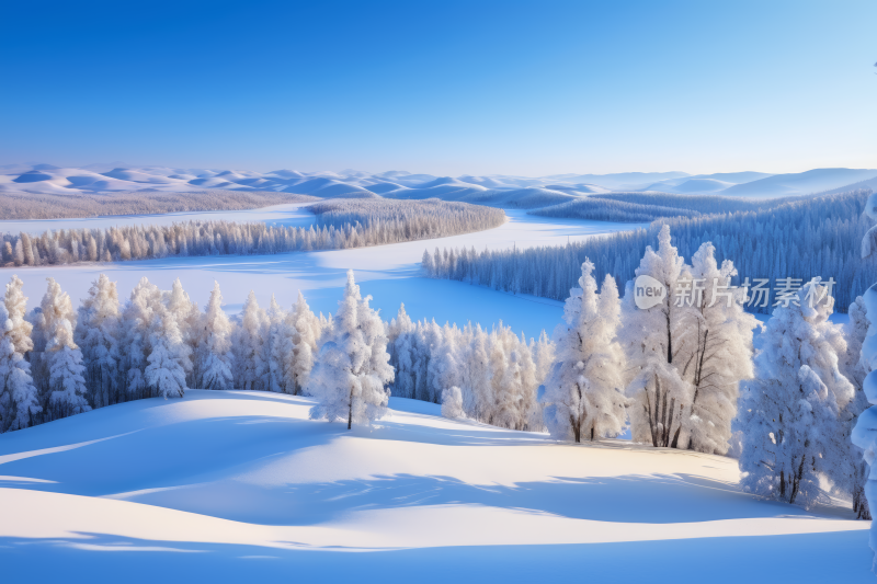 雪树在雪景中天空蔚蓝高清图片