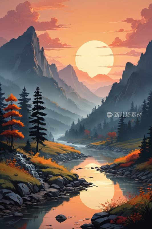 美丽山景有河流和松树高清插画图片