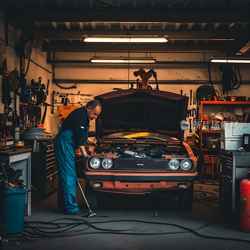 修车工人在车间里精心修理经典汽车