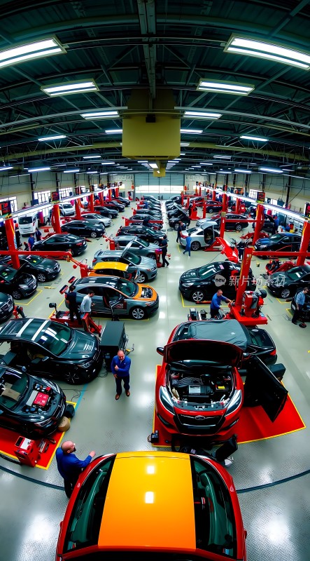 车间内忙碌的车间工人和整齐排列的汽车