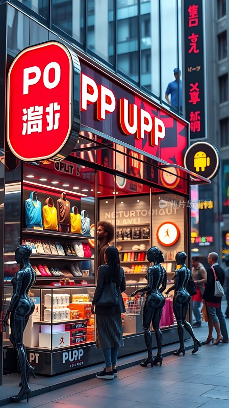 都市街头时尚购物场景展示PP UPP品牌店铺和模特