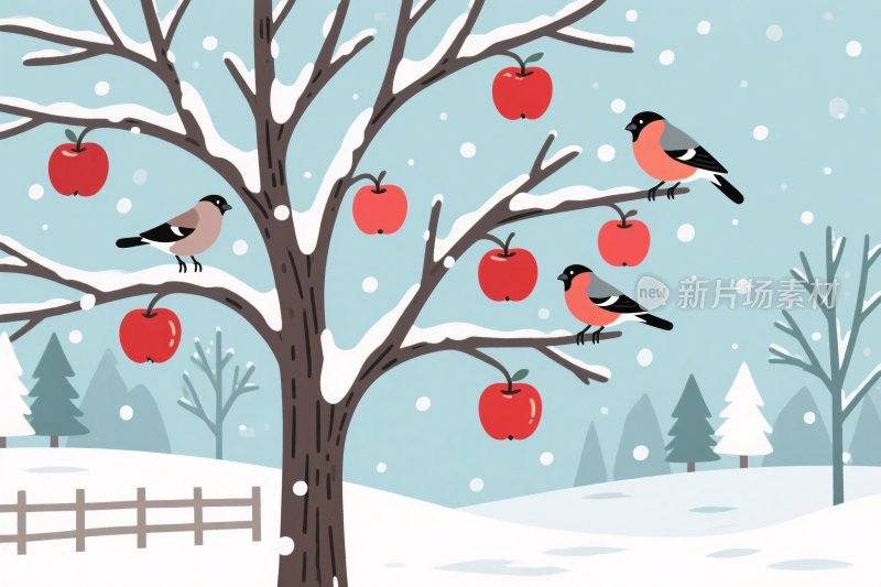 冬季苹果树与鸟插画