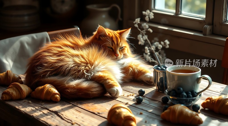 阳光下的橘猫与早餐