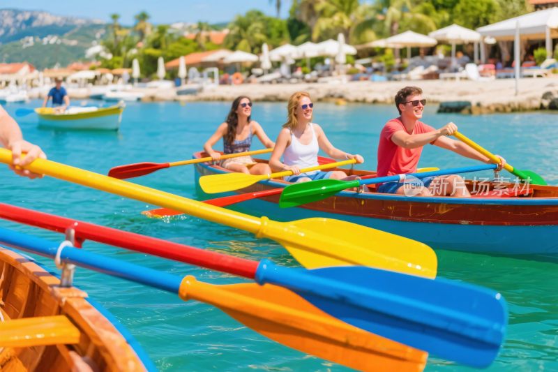 人们在水上划彩色皮划艇