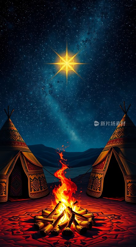 篝火旁的星空下的帐篷