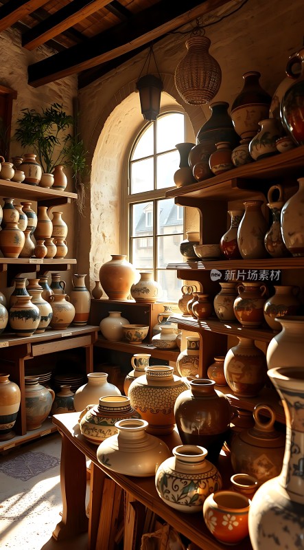 陶艺工坊阳光下的精美瓷器展示