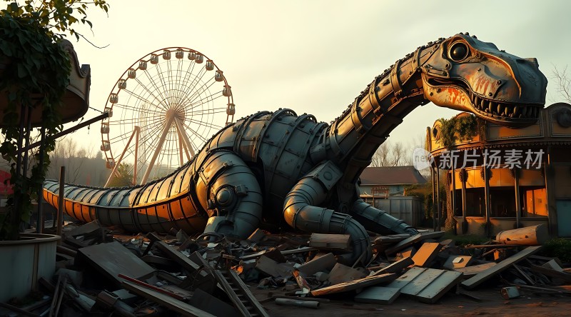 废弃游乐园中的机械恐龙与摩天轮