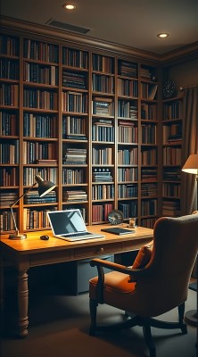 书房一角书架、桌椅与灯光营造温馨学习氛围