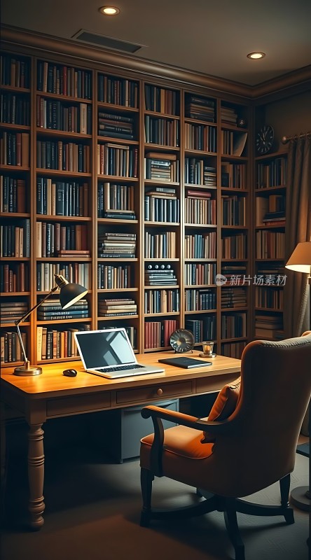 书房一角书架、桌椅与灯光营造温馨学习氛围