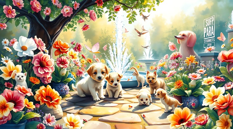 花园里的可爱小狗们